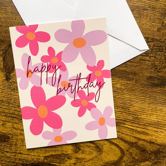 Happy Birthday Funky Flowers Card - Pack of 6